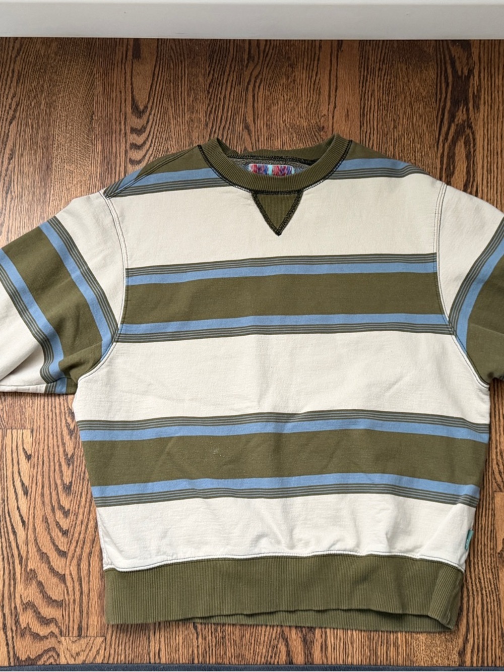 Urban Outfitters Olive, Cream & Blue Striped Crewneck Sweater